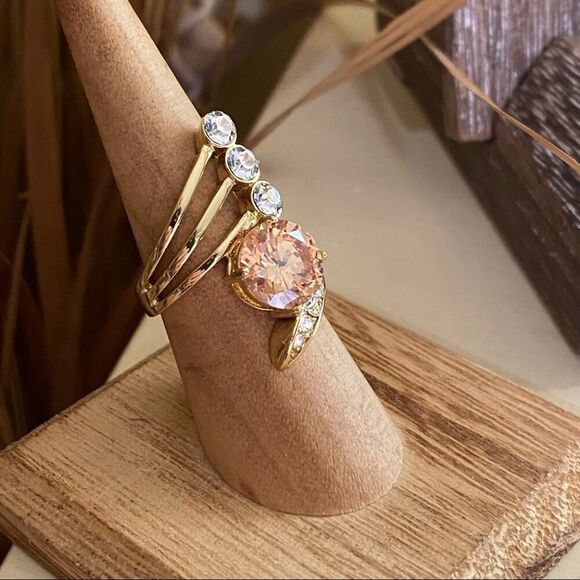 Champagne CZ Cocktail Ring – Gold Tone Brass, Size 6 - Picture 2 of 6